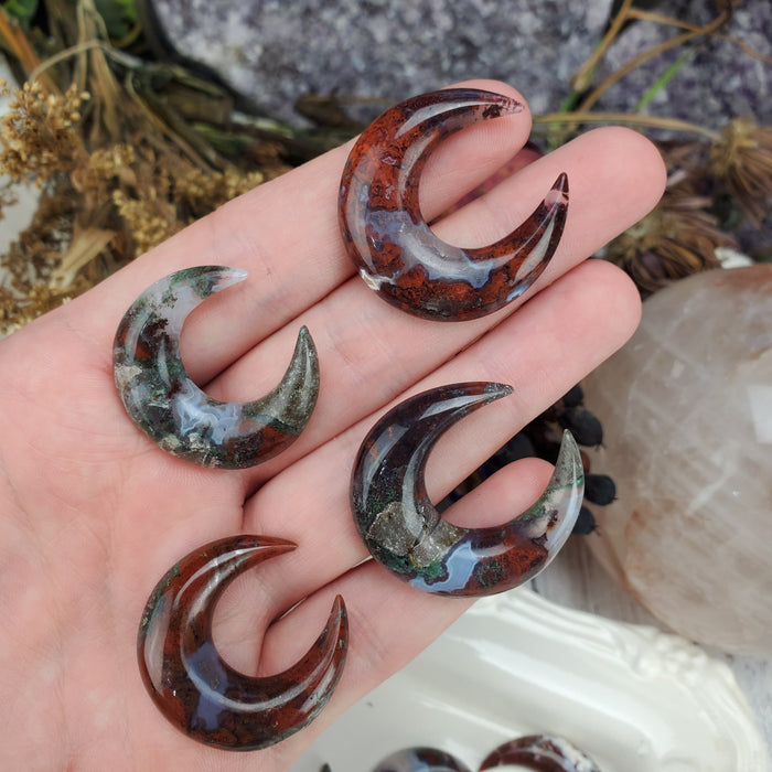 Moss Agate Crescent Moons