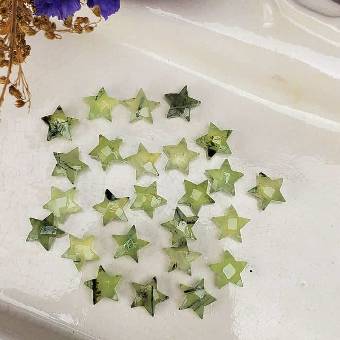 Faceted Prehnite Stars, drilled 10mm