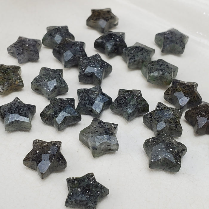 Faceted Black Sunstone Stars, drilled 10mm