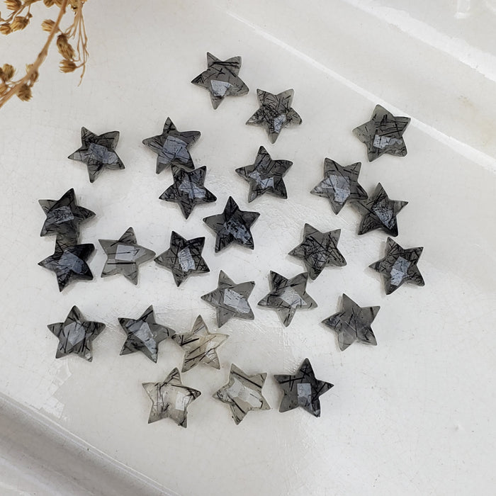 Faceted Black Rutilated Quartz Stars, drilled 10mm