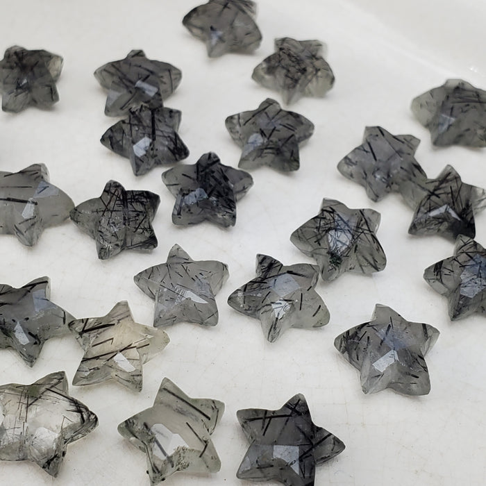 Faceted Black Rutilated Quartz Stars, drilled 10mm