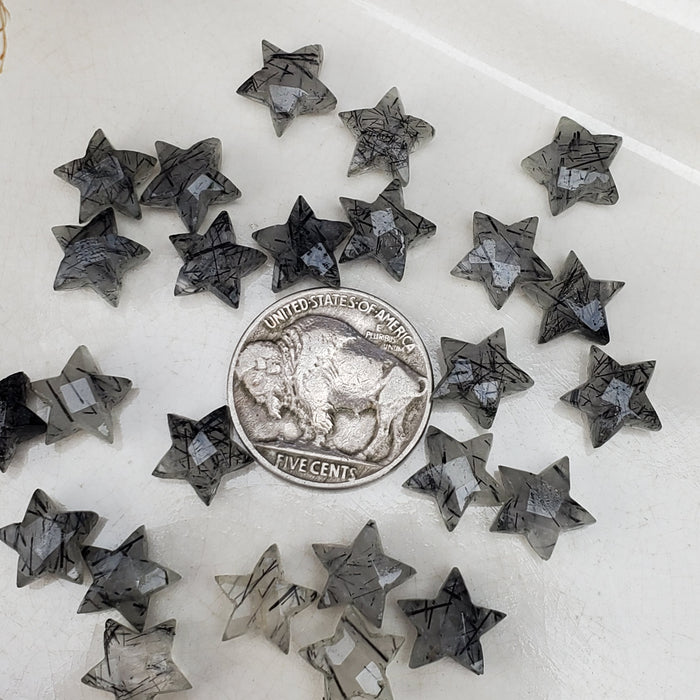 Faceted Black Rutilated Quartz Stars, drilled 10mm