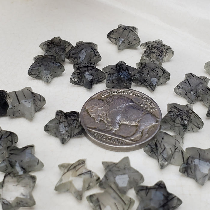 Faceted Black Rutilated Quartz Stars, drilled 10mm