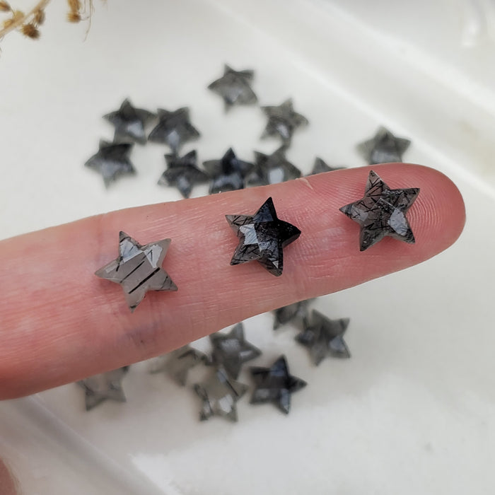 Faceted Black Rutilated Quartz Stars, drilled 10mm