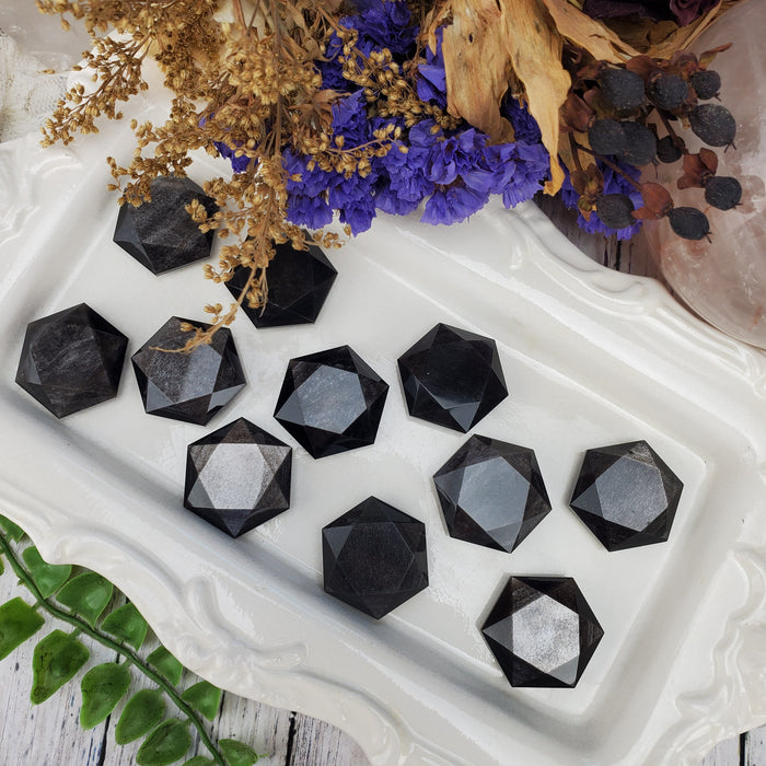 Silver Sheen Obsidian Hexagonal Coins