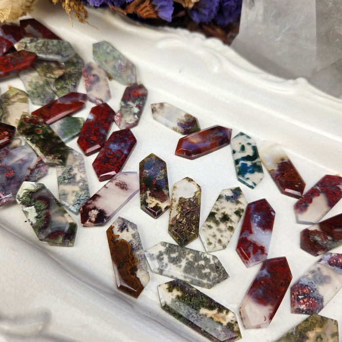 Moss Agate Elongated Hexagonal Cabochons, small
