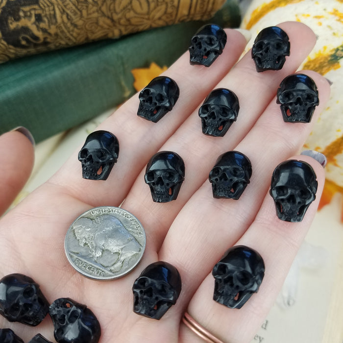 Mini Skull Carving Cabochons, Buffalo Horn, drilled