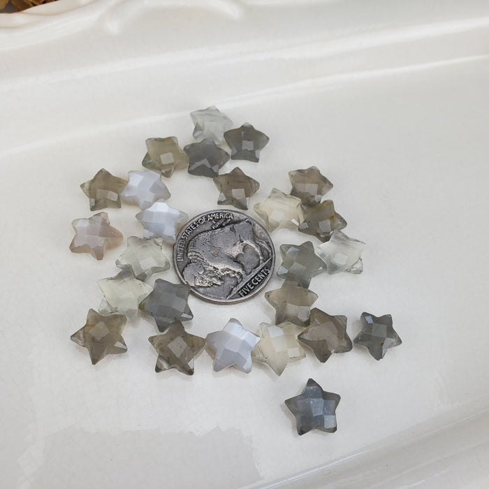 Faceted Grey Moonstone Stars, drilled 10mm