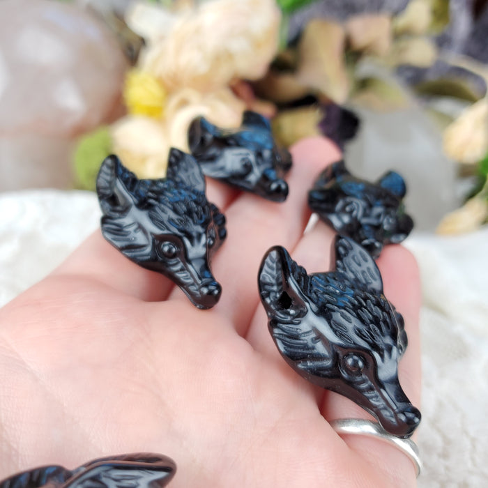 Obsidian Wolf Head Drilled Pendant