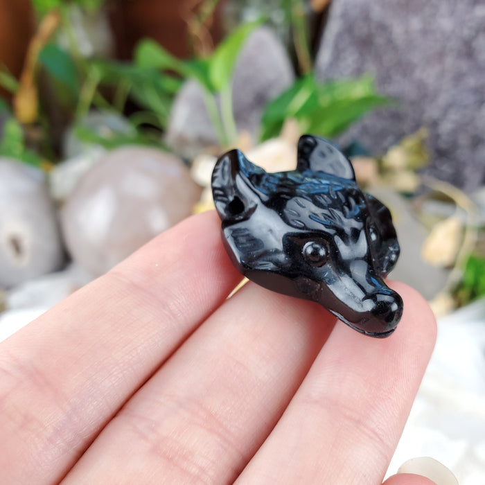 Obsidian Wolf Head Drilled Pendant