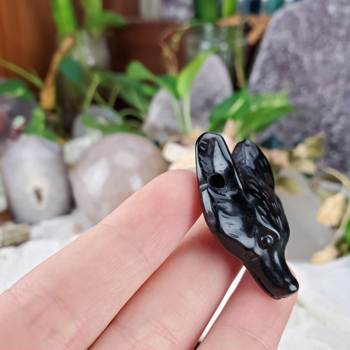 Obsidian Wolf Head Drilled Pendant