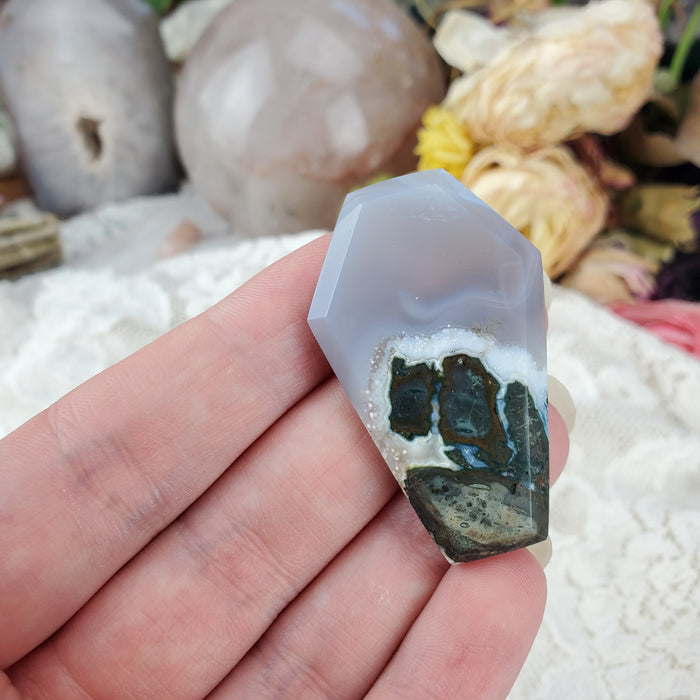 Moss Agate Coffin Cabochons, blue/grey