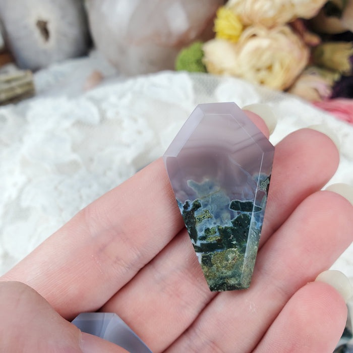 Moss Agate Coffin Cabochons, blue/grey