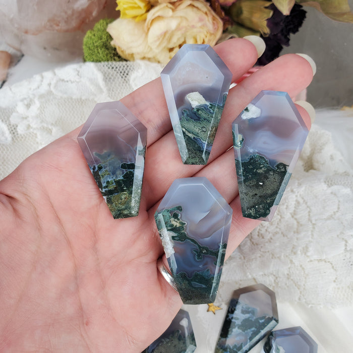 Moss Agate Coffin Cabochons, blue/grey