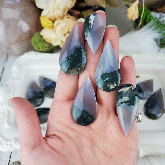 Moss Agate Teardrop Cabochons, Blue/Grey