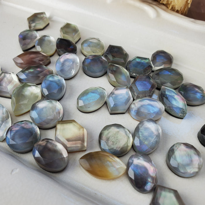 Mother of Pearl and Quartz Doublet Cabochons, Step Cut