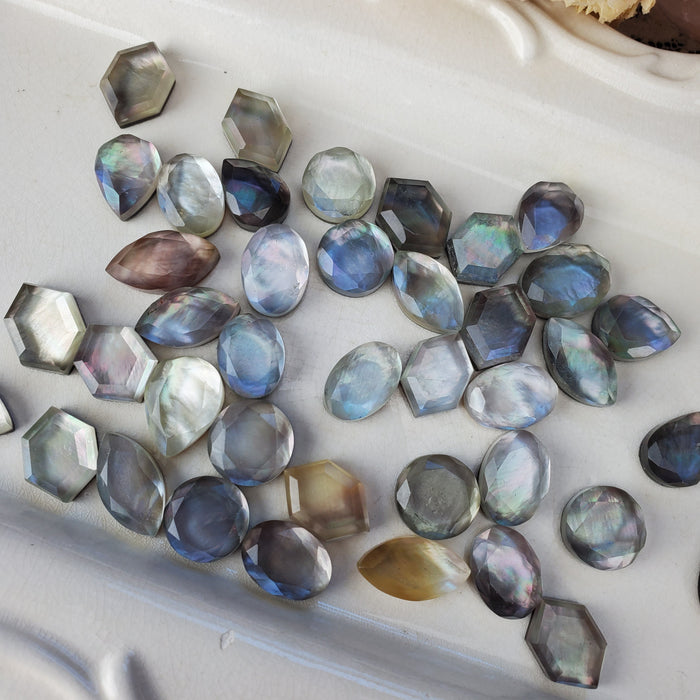 Mother of Pearl and Quartz Doublet Cabochons, Step Cut