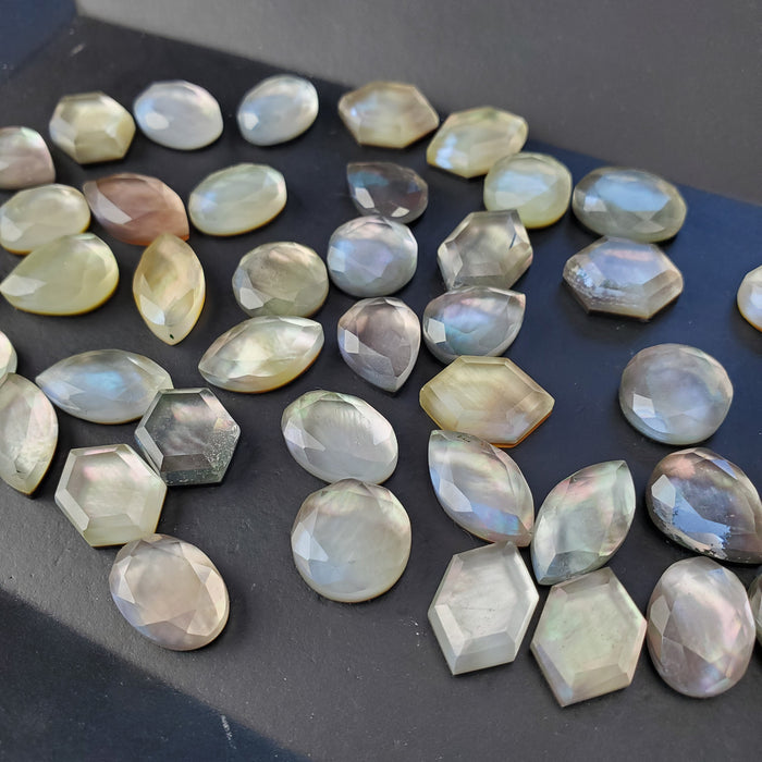 Mother of Pearl and Quartz Doublet Cabochons, Step Cut