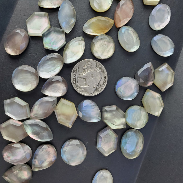 Mother of Pearl and Quartz Doublet Cabochons, Step Cut