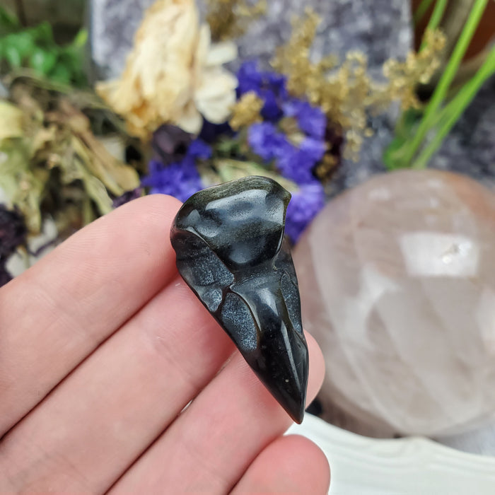 Silver & Gold Sheen Obsidian Raven Skull