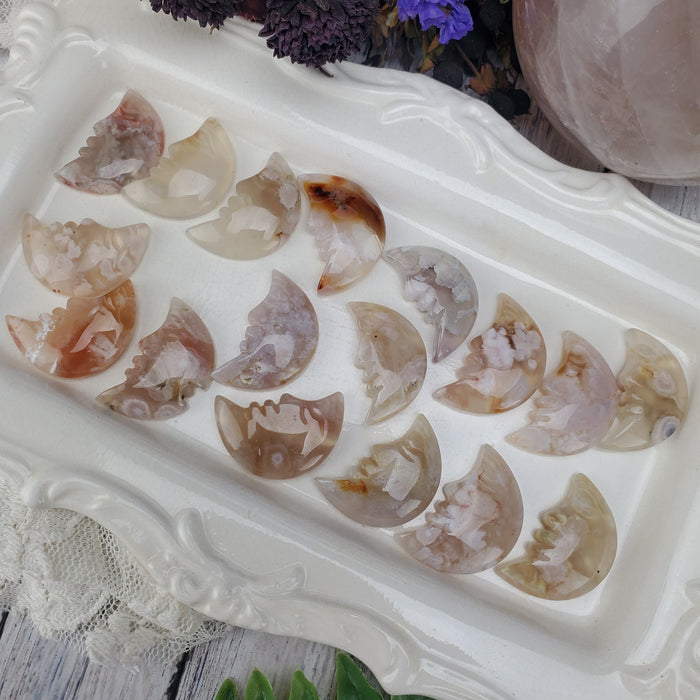 Flower Agate Moon Face Cabochons