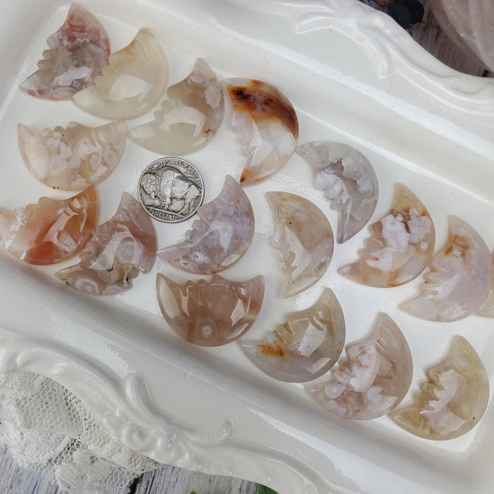 Flower Agate Moon Face Cabochons