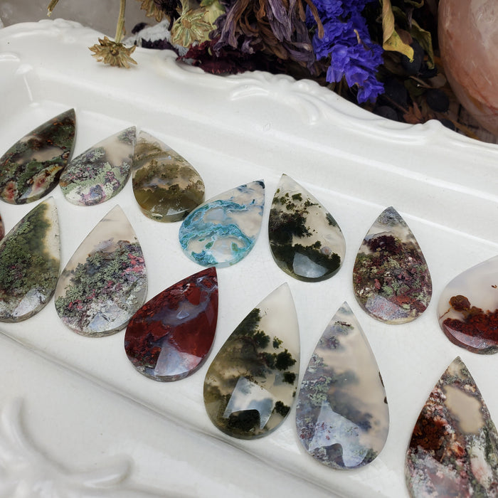 Moss Agate Teardrop Cabochons