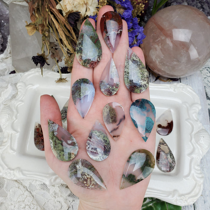 Moss Agate Teardrop Cabochons