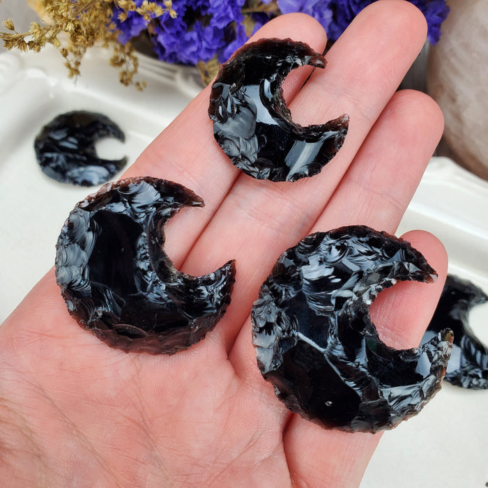 Black Obsidian Knapped Crescent Moons