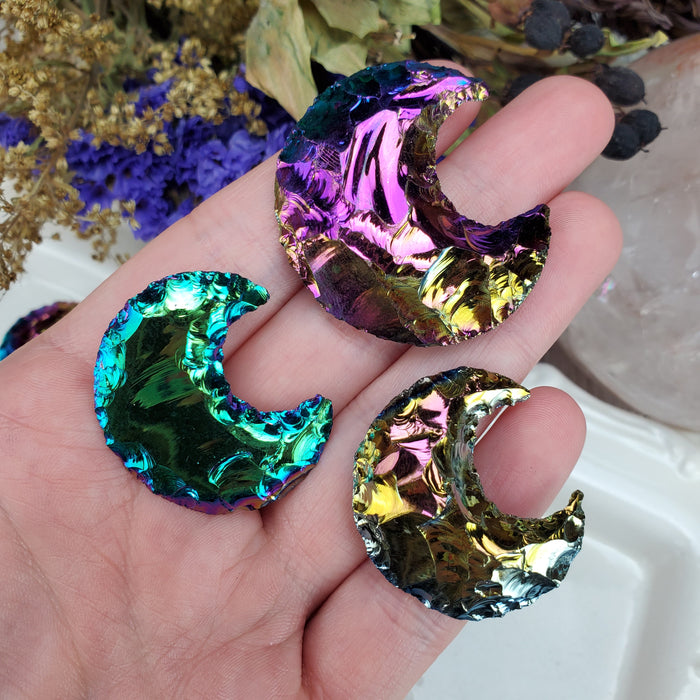 Black Obsidian Knapped Crescent Moons, Titanium Aura