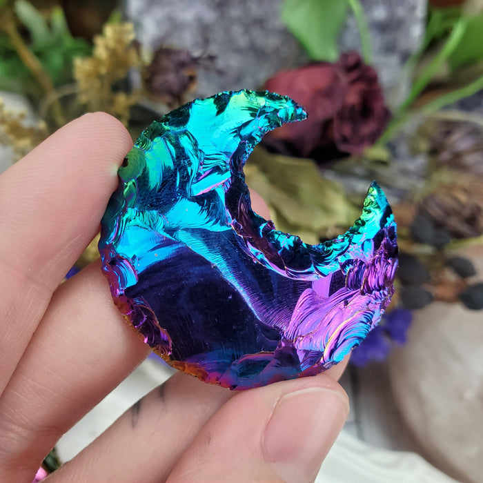 Black Obsidian Knapped Crescent Moons, Titanium Aura