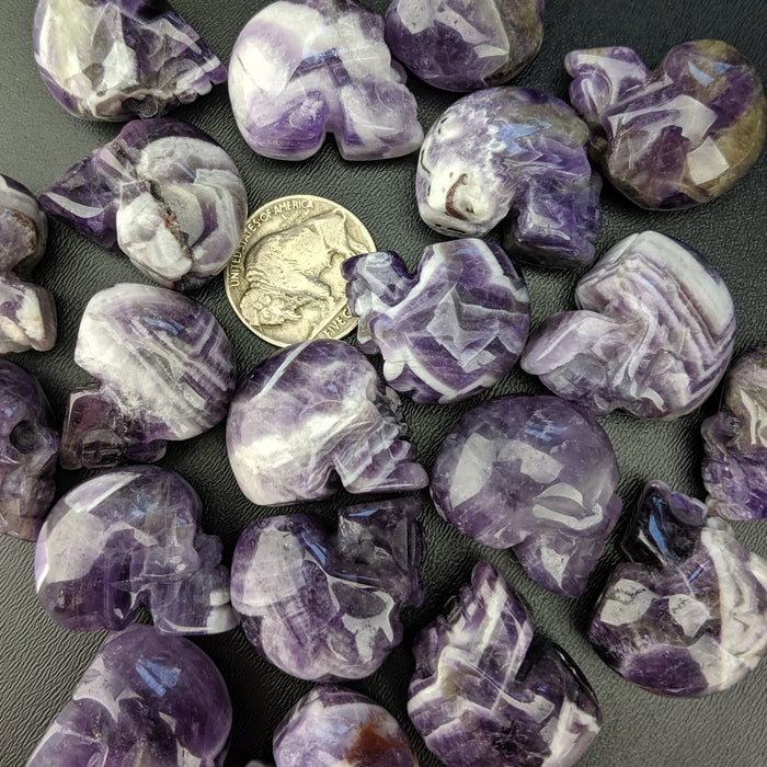 Chevron Amethyst Carved Skulls