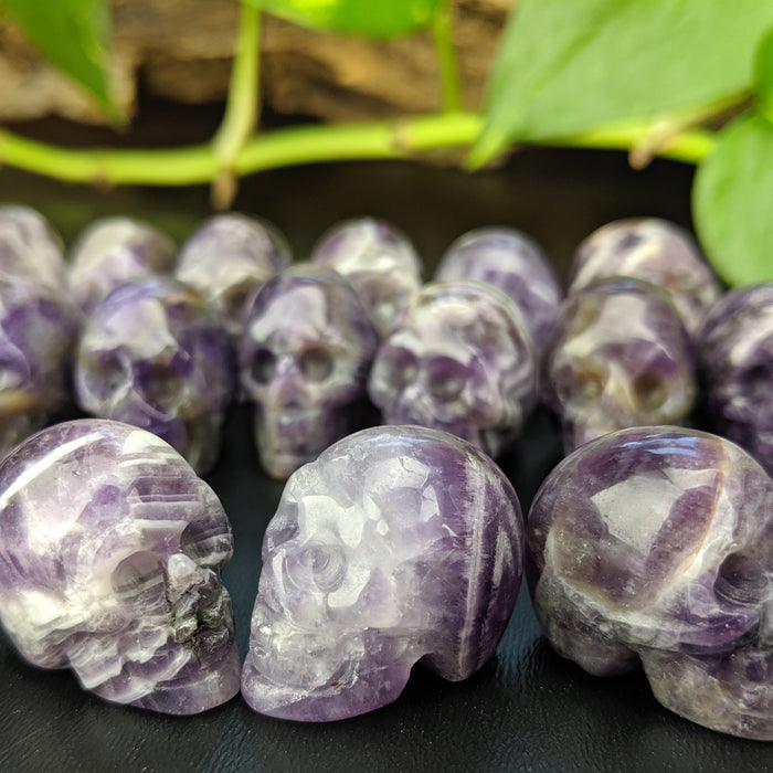 Chevron Amethyst Carved Skulls