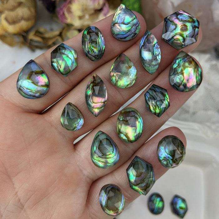 Abalone and Quartz Doublet Cabochons, rose cut