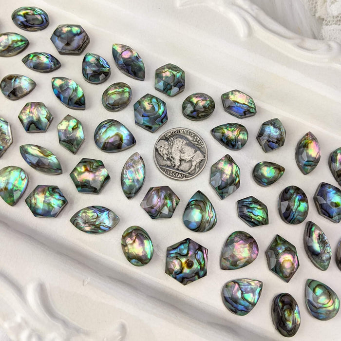 Abalone and Quartz Doublet Cabochons, rose cut